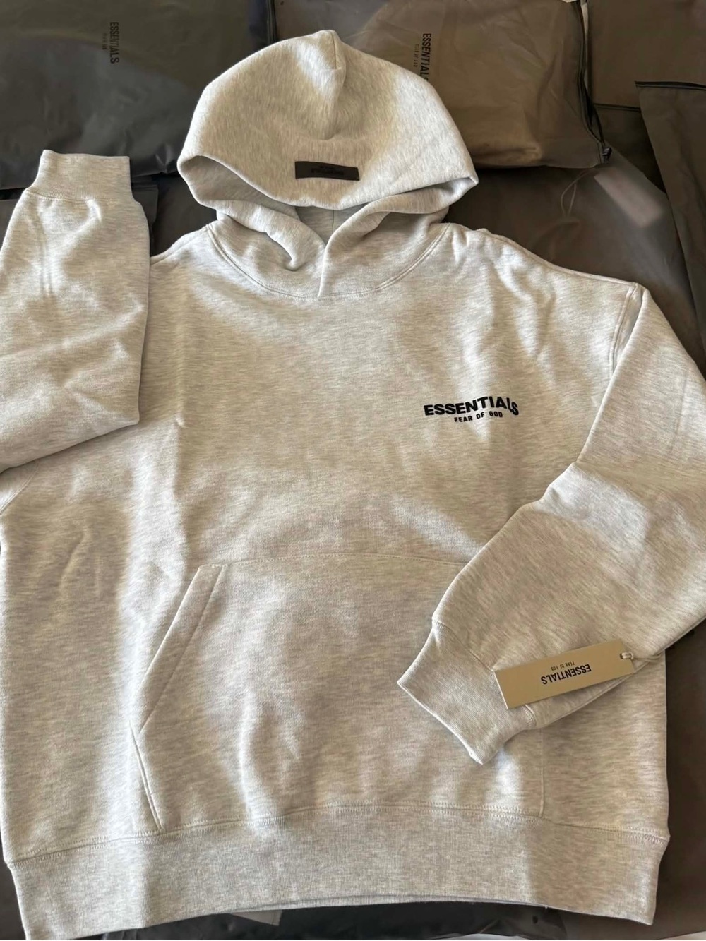 ESSENTIALS Light Gray Pullover Hoodie with Small Chest Logo